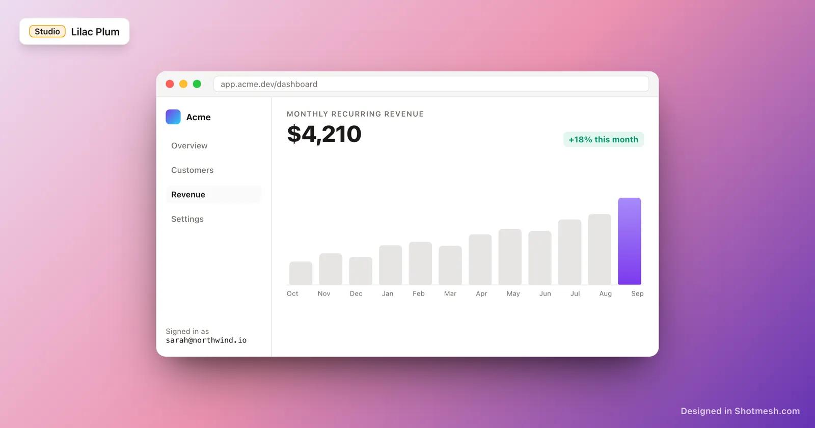 Lilac Plum gradient background behind a dashboard screenshot in a browser frame