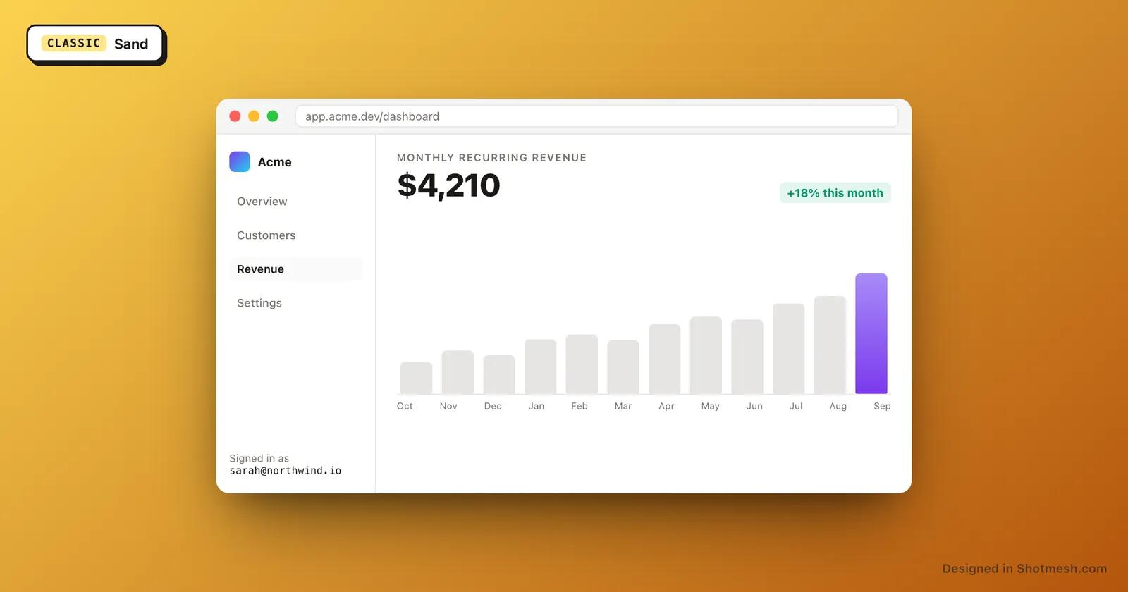 Sand gradient background behind a dashboard screenshot in a browser frame
