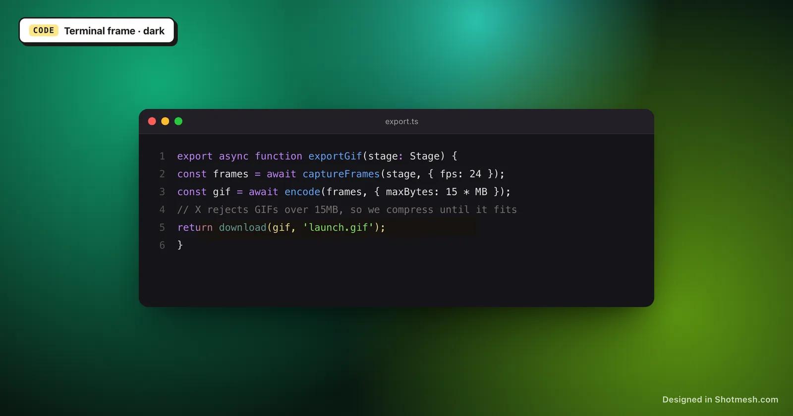 Code screenshot inside a dark terminal frame on an Aurora mesh background
