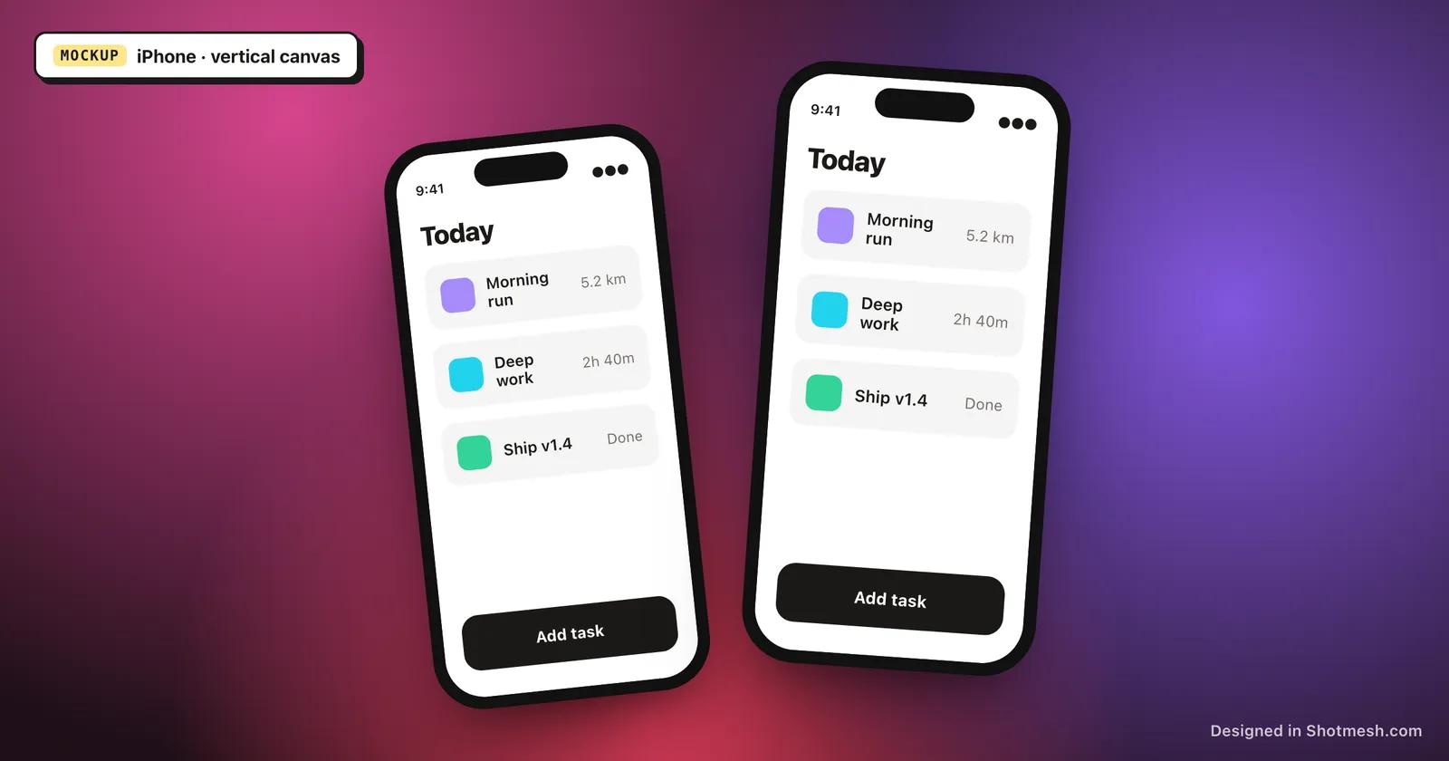 App screenshot inside an iPhone mockup frame on a gradient background in Shotmesh
